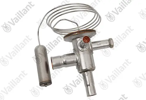Vaillant Ventil aus Metall mit zwei Anschlüssen, einer Spirale und einem Zylinder. Das Produkt ist für die Regelung von Heizungsanlagen konzipiert.